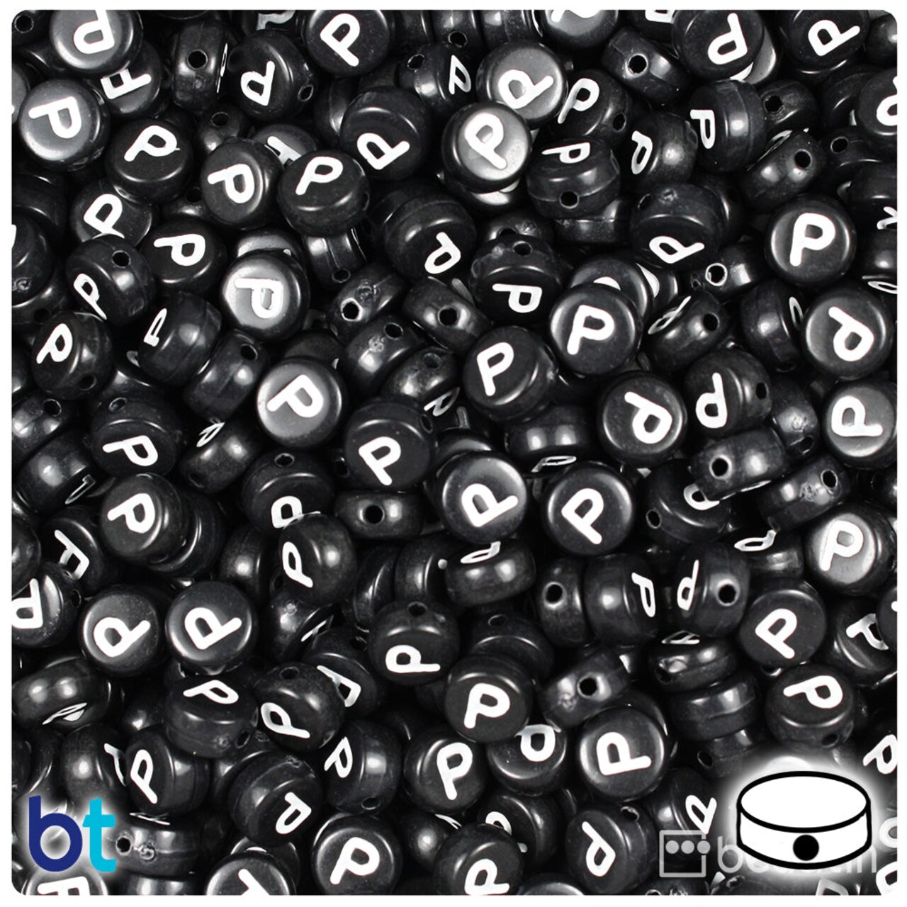 BeadTin Black Opaque 7mm Coin Plastic Alpha Beads - White Letter P (100pcs)